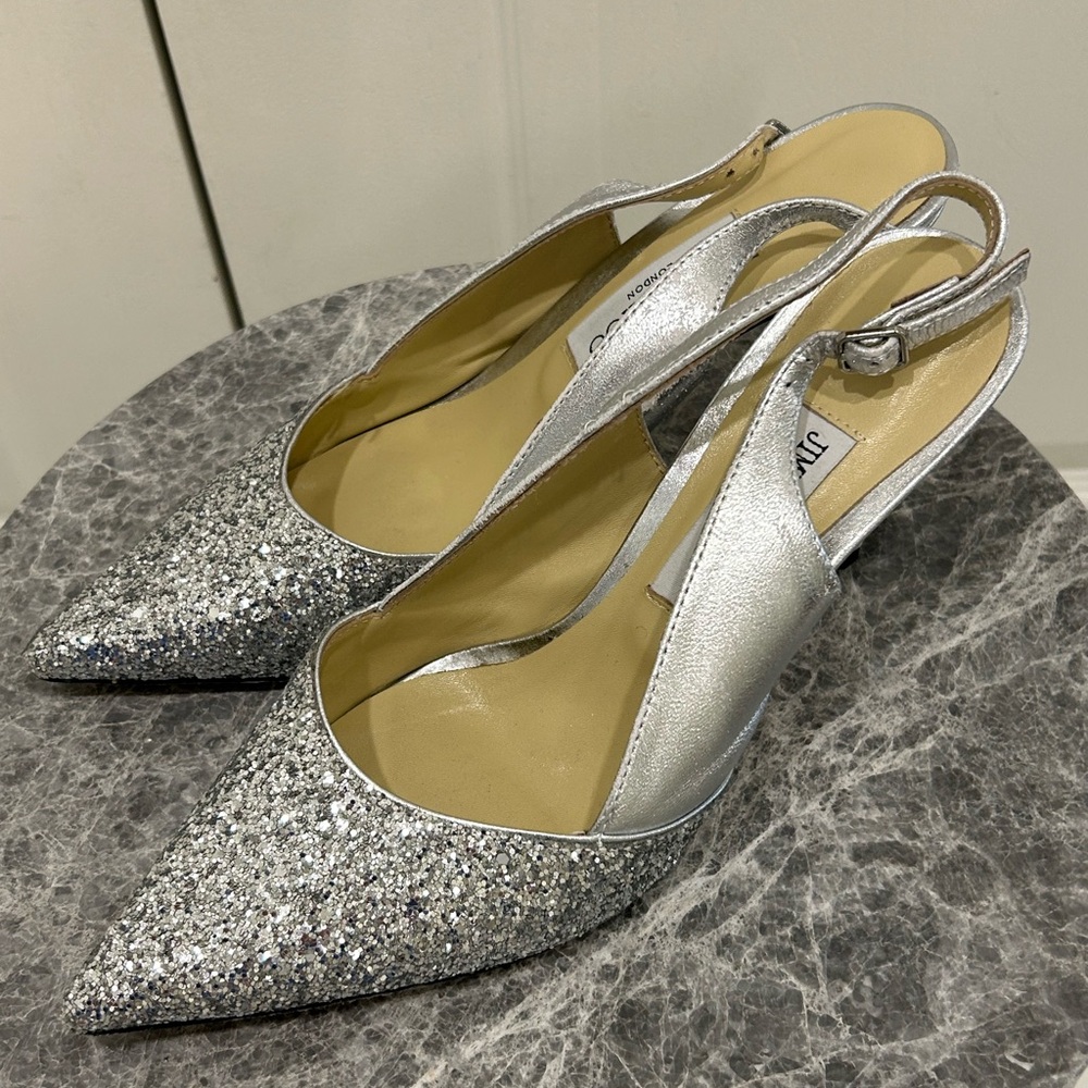 Jimmy Choo Silver Glitter Pointed Heels